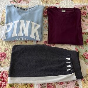 Set of 3 PINK Victoria's Secret Blue Sweatshirt, Gray Jogger Pants, Burgundy Top